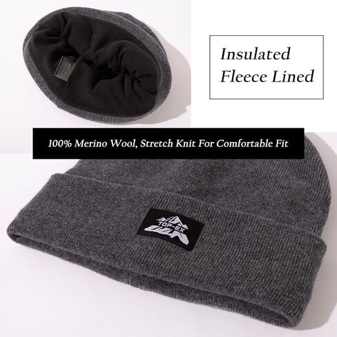 TOP-EX PolarWool™ Beanie Hats Men Women 100% Merino Wool Winter Warm Cap for Outdoor, Double Layer or Fleece Lined M-XXL in Kuwait