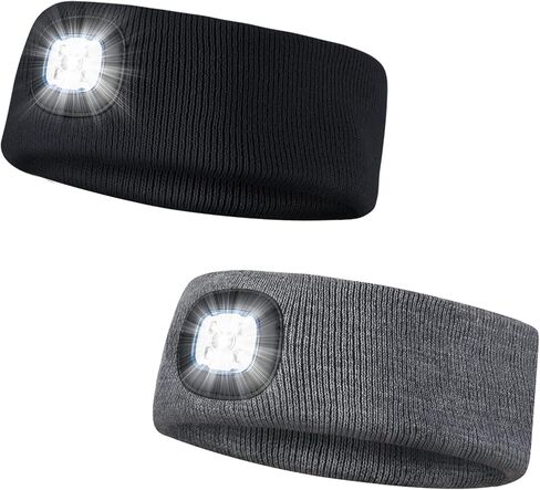 2 Pack Sports Headband with LED Light, Beanie with Light, Unisex Knit Lighted Hat, USB Rechargeable Headlight Cap, Warm Winter Gifts for Men and Women in Saudi Arabia