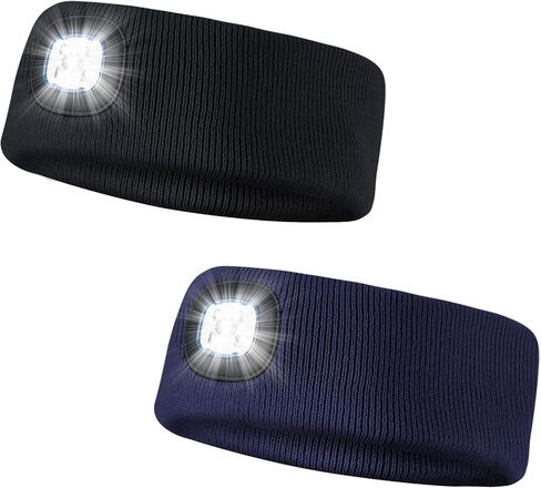 2 Pack Sports Headband with LED Light, Beanie with Light, Unisex Knit Lighted Hat, USB Rechargeable Headlight Cap, Warm Winter Gifts for Men and Women in Saudi Arabia