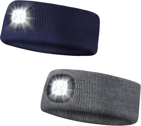 2 Pack Sports Headband with LED Light, Beanie with Light, Unisex Knit Lighted Hat, USB Rechargeable Headlight Cap, Warm Winter Gifts for Men and Women in Saudi Arabia