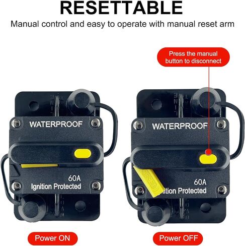 60 Amp Car Waterproof Circuit Breaker 12V - 48V DC with Manual Reset Switch Button for Boat Trolling Motor Marine ATV Trailer Vehicles Stereo Audio Electronic Battery Solar System Inline Fuse in Saudi Arabia