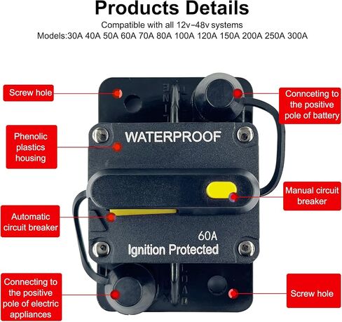 60 Amp Car Waterproof Circuit Breaker 12V - 48V DC with Manual Reset Switch Button for Boat Trolling Motor Marine ATV Trailer Vehicles Stereo Audio Electronic Battery Solar System Inline Fuse in Saudi Arabia
