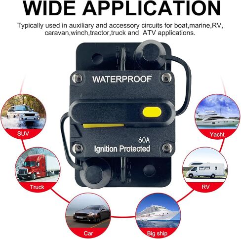 60 Amp Car Waterproof Circuit Breaker 12V - 48V DC with Manual Reset Switch Button for Boat Trolling Motor Marine ATV Trailer Vehicles Stereo Audio Electronic Battery Solar System Inline Fuse in Saudi Arabia