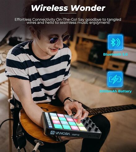 Vangoa Beat Maker Machine with 16 RGB Pads, Wireless USB Midi Velocity Drum Pad Controller 8 Knobs, Aftertouch Beating Machine with Note Repeat for Music Production Beginners, Daw, Mac, PC, Ipad in Kuwait