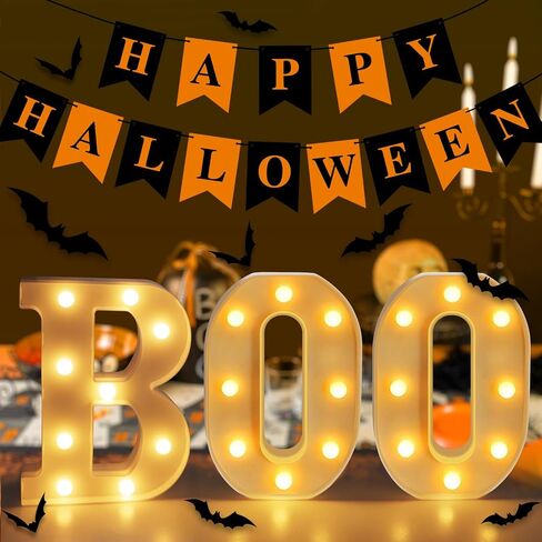 Nialnant Halloween Mantel Decor، لافتات الهالوين "BOO" مقاس 8.5 بوصة، ديكورات الهالوين الداخلية مع 24 قطعة من ملصقات الحائط الخفافيش ثلاثية الأبعاد + لافتات الهالوين السعيدة in Saudi Arabia