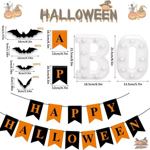 Nialnant Halloween Mantel Decor، لافتات الهالوين "BOO" مقاس 8.5 بوصة، ديكورات الهالوين الداخلية مع 24 قطعة من ملصقات الحائط الخفافيش ثلاثية الأبعاد + لافتات الهالوين السعيدة in Saudi Arabia