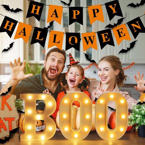 Nialnant Halloween Mantel Decor، لافتات الهالوين "BOO" مقاس 8.5 بوصة، ديكورات الهالوين الداخلية مع 24 قطعة من ملصقات الحائط الخفافيش ثلاثية الأبعاد + لافتات الهالوين السعيدة in Saudi Arabia