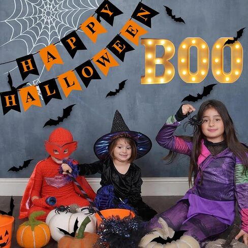 Nialnant Halloween Mantel Decor، لافتات الهالوين "BOO" مقاس 8.5 بوصة، ديكورات الهالوين الداخلية مع 24 قطعة من ملصقات الحائط الخفافيش ثلاثية الأبعاد + لافتات الهالوين السعيدة in Saudi Arabia