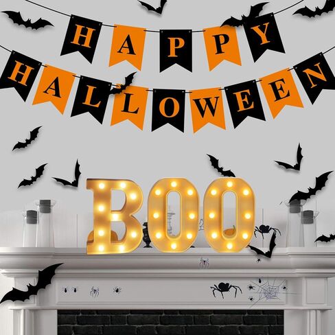 Nialnant Halloween Mantel Decor، لافتات الهالوين "BOO" مقاس 8.5 بوصة، ديكورات الهالوين الداخلية مع 24 قطعة من ملصقات الحائط الخفافيش ثلاثية الأبعاد + لافتات الهالوين السعيدة in Saudi Arabia