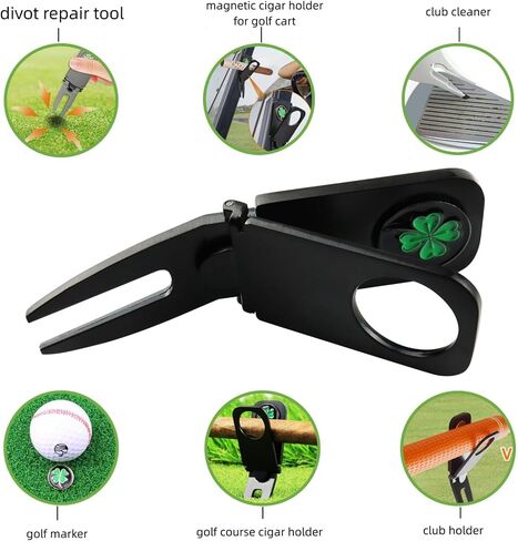 2 Pcs Lucky Clover Golf Cigar Holder for Golf Cart - Magnetic Cigar Clip Keeps Your Cigar Safe - 6 in 1 Golf Divot Tool and Ball Marker, Black in Saudi Arabia