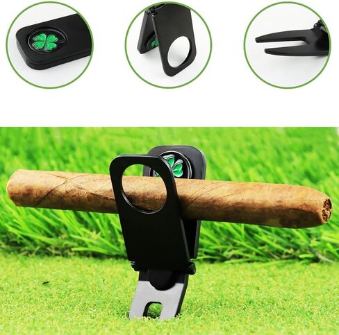 2 Pcs Lucky Clover Golf Cigar Holder for Golf Cart - Magnetic Cigar Clip Keeps Your Cigar Safe - 6 in 1 Golf Divot Tool and Ball Marker, Black in Saudi Arabia