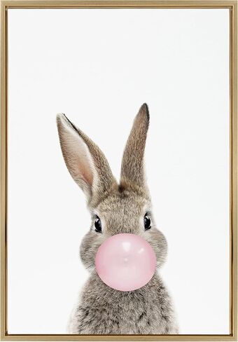 لوحة فنية جدارية من القماش مؤطرة من Kate and Laurel Sylvie Bubble Gum Bunny من تصميم Amy Peterson Art Studio، مقاس 18 × 24 طبيعية، فن حيوان غريب الأطوار لطيف للجدار in Saudi Arabia