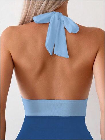 MakeMeChic Women's Colorblock Deep V Neck One Piece Swimsuit Halter Backless Ruched Tummy Control Bathing Suit in Saudi Arabia