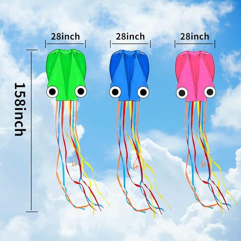 Octopus Kites for Kids & Adults Easy to Fly, 24"x 158" Large Soft Kite Kit for Boys and Girls, Single Line 3D Beach Kite Set for Teens, it Comes with 300FT Kite Handle in Kuwait