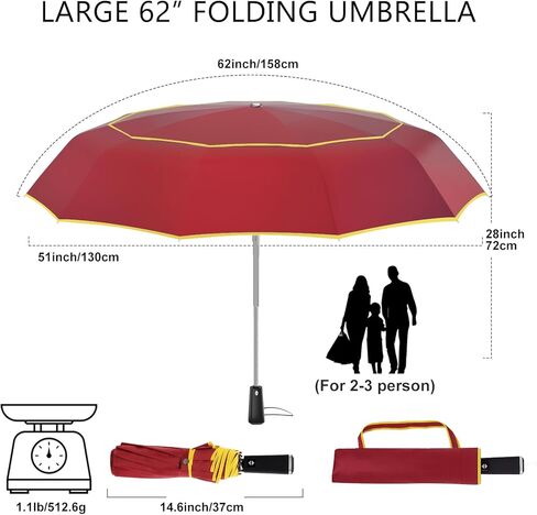 مظلة غولف كبيرة جدًا من ساتول مقاس 62 بوصة - مقاومة للرياح و10 أضلاع مزودة بفتحات تهوية مزدوجة وشرائط عاكسة للضوء تفتح/تغلق تلقائيًا للحماية من الأشعة فوق البنفسجية خفيفة الوزن وصغيرة الحجم للاستخدام في الهواء الطلق والسفر (أحمر) in Kuwait
