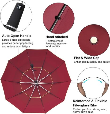 مظلة غولف كبيرة جدًا من ساتول مقاس 62 بوصة - مقاومة للرياح و10 أضلاع مزودة بفتحات تهوية مزدوجة وشرائط عاكسة للضوء تفتح/تغلق تلقائيًا للحماية من الأشعة فوق البنفسجية خفيفة الوزن وصغيرة الحجم للاستخدام في الهواء الطلق والسفر (أحمر) in Kuwait