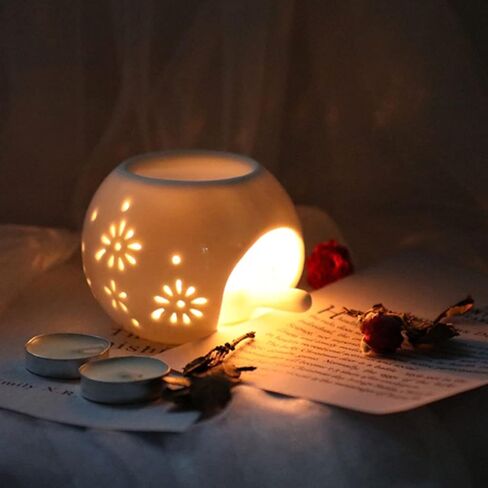 Ceramic Tealight Candle Holder White Essential Oil Burner with Candle Spoon, Round Incense Holder Ornament for Home Decoration/Christmas Decor/Housewarming Gift/Yoga/Spa (Romantic Flower Pattern) in Saudi Arabia