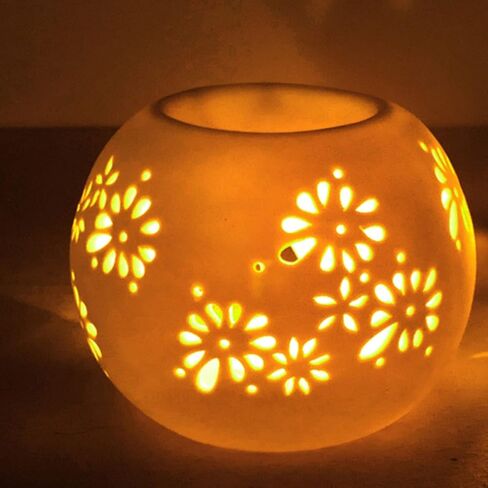 Ceramic Tealight Candle Holder White Essential Oil Burner with Candle Spoon, Round Incense Holder Ornament for Home Decoration/Christmas Decor/Housewarming Gift/Yoga/Spa (Romantic Flower Pattern) in Saudi Arabia
