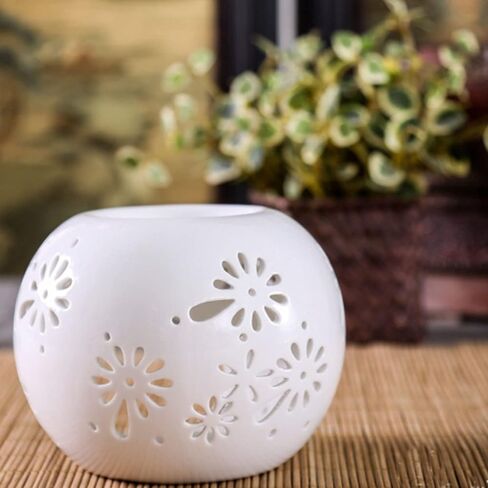 Ceramic Tealight Candle Holder White Essential Oil Burner with Candle Spoon, Round Incense Holder Ornament for Home Decoration/Christmas Decor/Housewarming Gift/Yoga/Spa (Romantic Flower Pattern) in Saudi Arabia