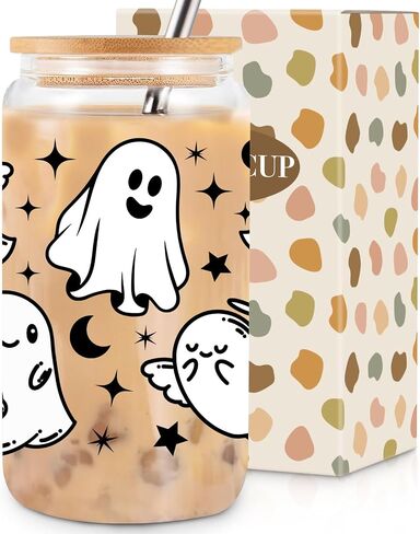 أكواب الهالوين أكواب شبح 16oz أكواب زجاجية للقهوة المثلجة مع أغطية وقش، هدايا الهالوين اللطيفة للنساء والأطفال والمراهقين والبالغين هدايا مخيفة للفتيات والأولاد والهالوين كوب عصير in Saudi Arabia
