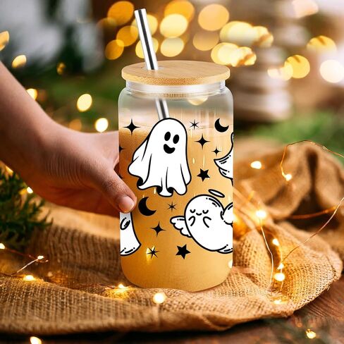 أكواب الهالوين أكواب شبح 16oz أكواب زجاجية للقهوة المثلجة مع أغطية وقش، هدايا الهالوين اللطيفة للنساء والأطفال والمراهقين والبالغين هدايا مخيفة للفتيات والأولاد والهالوين كوب عصير in Saudi Arabia