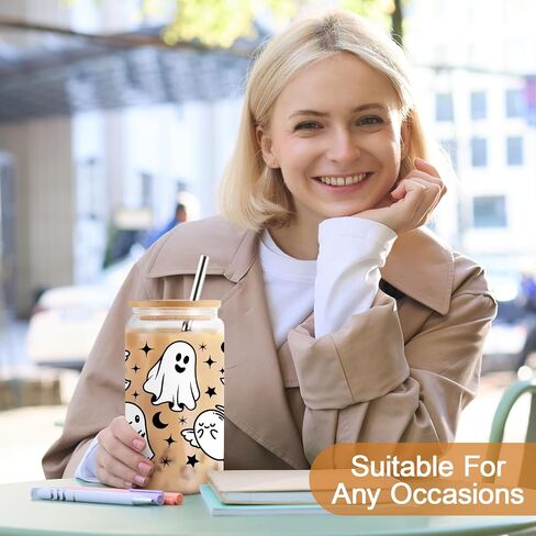 أكواب الهالوين أكواب شبح 16oz أكواب زجاجية للقهوة المثلجة مع أغطية وقش، هدايا الهالوين اللطيفة للنساء والأطفال والمراهقين والبالغين هدايا مخيفة للفتيات والأولاد والهالوين كوب عصير in Saudi Arabia