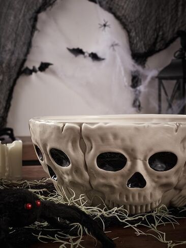 وعاء تقديم سيراميك من Bico Halloween Skull مقاس 10.4 بوصة من السيراميك الأبيض، مناسب للحلوى والشوكولاتة والبسكويت والميكروويف وغسالة الأطباق in Kuwait