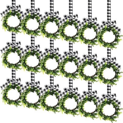 Unittype 18 Pcs Christmas Faux Kitchen Cabinet Wreaths Mini Christmas Hanging Window Wreaths with Ribbon Buffalo Plaid Bow Artificial Greenery Farmhouse for Christmas Decoration(Black, White) in Saudi Arabia