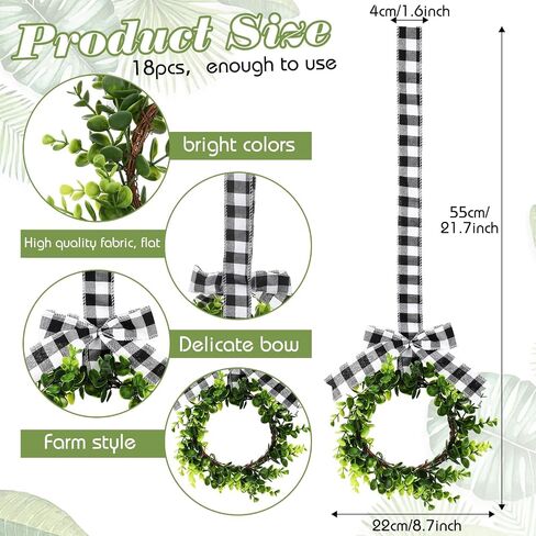 Unittype 18 Pcs Christmas Faux Kitchen Cabinet Wreaths Mini Christmas Hanging Window Wreaths with Ribbon Buffalo Plaid Bow Artificial Greenery Farmhouse for Christmas Decoration(Black, White) in Saudi Arabia