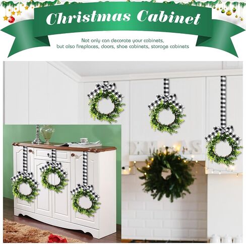 Unittype 18 Pcs Christmas Faux Kitchen Cabinet Wreaths Mini Christmas Hanging Window Wreaths with Ribbon Buffalo Plaid Bow Artificial Greenery Farmhouse for Christmas Decoration(Black, White) in Saudi Arabia