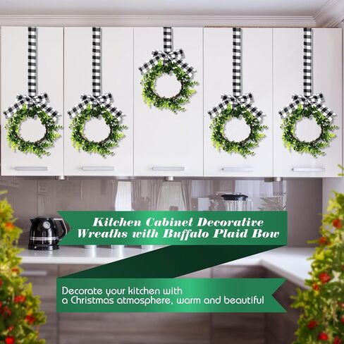 Unittype 18 Pcs Christmas Faux Kitchen Cabinet Wreaths Mini Christmas Hanging Window Wreaths with Ribbon Buffalo Plaid Bow Artificial Greenery Farmhouse for Christmas Decoration(Black, White) in Saudi Arabia