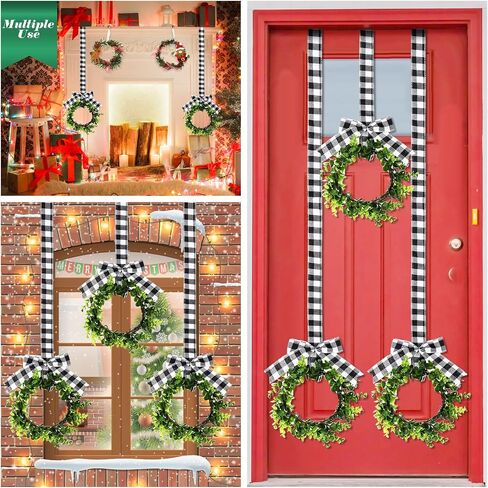 Unittype 18 Pcs Christmas Faux Kitchen Cabinet Wreaths Mini Christmas Hanging Window Wreaths with Ribbon Buffalo Plaid Bow Artificial Greenery Farmhouse for Christmas Decoration(Black, White) in Saudi Arabia