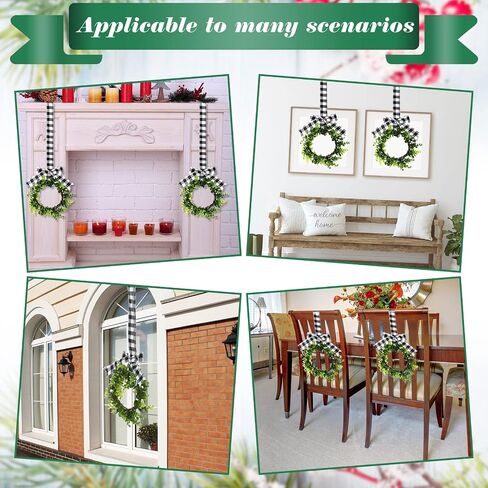 Unittype 18 Pcs Christmas Faux Kitchen Cabinet Wreaths Mini Christmas Hanging Window Wreaths with Ribbon Buffalo Plaid Bow Artificial Greenery Farmhouse for Christmas Decoration(Black, White) in Saudi Arabia