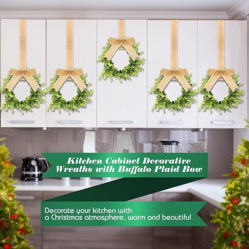Unittype 18 Pcs Christmas Faux Kitchen Cabinet Wreaths Mini Christmas Hanging Window Wreaths with Ribbon Buffalo Plaid Bow Artificial Greenery Farmhouse for Christmas Decoration(Black, White) in Saudi Arabia