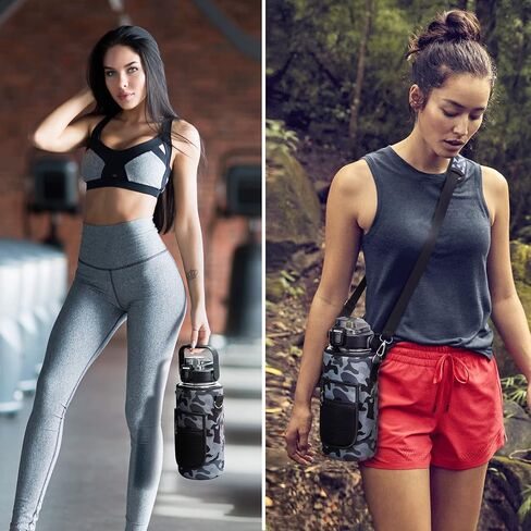 زجاجة مياه سعة 70 أونصة مع غلاف - زجاجة مياه تحفيزية للشرب مقاومة للتسرب وخالية من مادة BPA سعة 2 لتر مع شفاطة وعلامات زمنية مخصصة (أسود + أسود مموه) in Saudi Arabia