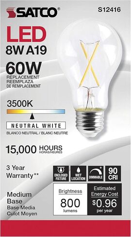 مصابيح ساتكو LED الخيطية، S12416، لومن عالي، 8 وات، A19؛ واضح؛ قاعدة متوسطة؛ 3500 ألف؛ 90 كري؛ 120 فولت للاستخدام في المناطق السكنية والضيافة والعرض والتجارية (6 مصابيح إضاءة LED) in Saudi Arabia
