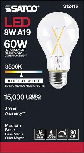 مصابيح ساتكو LED الخيطية، S12416، لومن عالي، 8 وات، A19؛ واضح؛ قاعدة متوسطة؛ 3500 ألف؛ 90 كري؛ 120 فولت للاستخدام في المناطق السكنية والضيافة والعرض والتجارية (6 مصابيح إضاءة LED) in Saudi Arabia