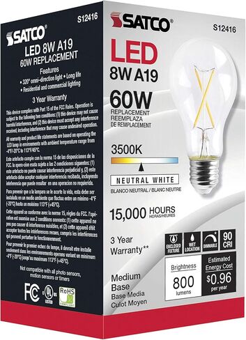 مصابيح ساتكو LED الخيطية، S12416، لومن عالي، 8 وات، A19؛ واضح؛ قاعدة متوسطة؛ 3500 ألف؛ 90 كري؛ 120 فولت للاستخدام في المناطق السكنية والضيافة والعرض والتجارية (6 مصابيح إضاءة LED) in Saudi Arabia