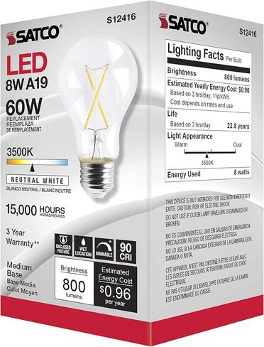 مصابيح ساتكو LED الخيطية، S12416، لومن عالي، 8 وات، A19؛ واضح؛ قاعدة متوسطة؛ 3500 ألف؛ 90 كري؛ 120 فولت للاستخدام في المناطق السكنية والضيافة والعرض والتجارية (6 مصابيح إضاءة LED) in Saudi Arabia