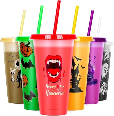 Cessfle Halloween Color Changing Cups with Lids and Straws, 6 Pack 24oz Plastic Halloween Tumblers Set Halloween Bulk Party Cups, Reusable Cups with Lids and Straws for Halloween Party Favors… in Kuwait