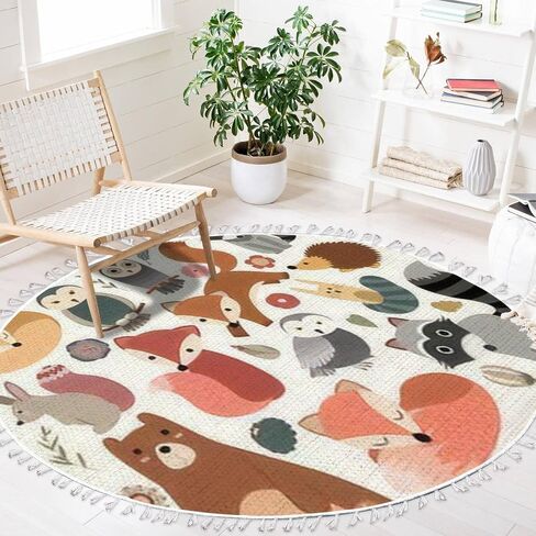 Round Rugs Woodland Animals Cute Forest Design Elements Boho Area Rug Linen and Cotton Carpet Meditation Rug Washable Hallway Runner Mat Accent Rug for Bedroom Bathroom 4ft, Multi1 in Saudi Arabia