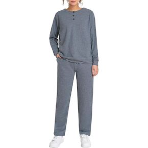 Weintee Women's Petite Sweatsuits Button Down Sweatshirt and Sweatpants Sets Cotton Jogging Suits