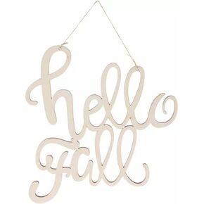 Wood Hello Fall Words - Unfinished Wooden Wreath or Wall Decor - 13.5 x 13 Inches, Brown