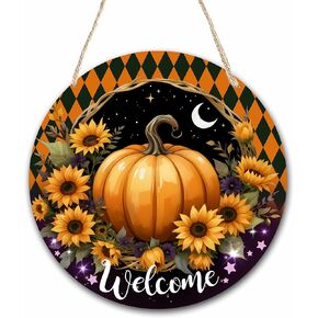 Halloween Wooden Round Hanging Sign - Front Door Plaque Decoration with A Rope - Sunflowers & Pumpkins Outdoor, Farmhouse, Front Door Porch, Sign Decor - Halloween Welcome Sign - A04