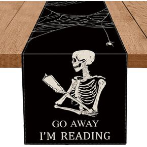 Halloween Table Runner Funny Reading Skeleton Cobweb Go Away I‘m Reading Seasonal Holiday Kitchen Dining Table Supplies Indoor Outdoor Party Decorations 13x72 Inch