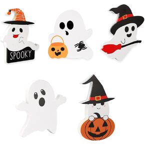 5 Pcs Cute Ghost Halloween Decorations Indoor, Wooden Tiered Tray Decor Table Sign, Spooky, Owl, Spider, Witch Broom, and Pumpkin Blocks for Party Home Shelf Display Decor