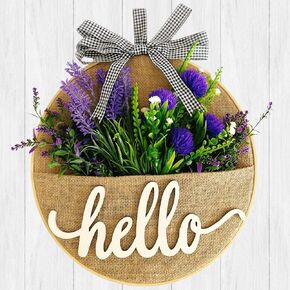 Artificial Flower Pocket Wreath with Hello Sign, 12 Inch Spring Wreaths for Front Door Indoor Outdoor Wall Window Home Party Festival Wedding Decor (Purple Lavender)
