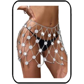 Easedaily Sparkly Sequin Chains Mini Skirt Silver Dot Disco Belly Dance Skirts Nightclub Waist Chain for Women
