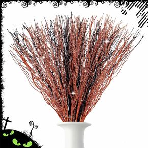 YBB 30Pcs Halloween Artificial Glitter Branches, 17 Inch Fall Stem Floral Picks Decorative Twigs for Halloween Thanksgiving Day Home Table Vase Decoration (Green&Purple&Orange)