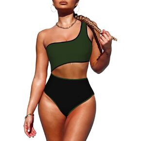 LaSuiveur Women's One Shoulder One Piece Swimsuit Cutout Color Block Monokini Bathing Suits